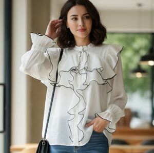Zara‎ White Blouse with Black Trim Ruffles